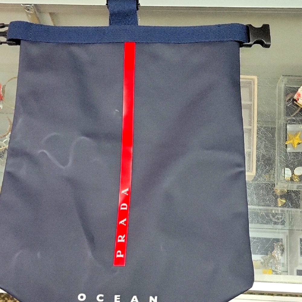 Prada Navy Backpack with Bold Red Stripe